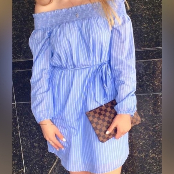Express Blue Strip Off the Shoulder Tie Dress S/P - Picture 2 of 7